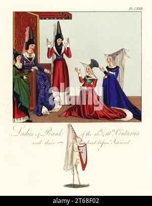 Signore di rango dei secoli 15 e 16 e i loro headdres satirized. Regina sul trono con le Signore in attesa, dal romanticismo di Jean de Saintre, Cotton Nero D IX F.2, inginocchiate donne del Benvenuto da Imola di Jean Mielot, Romuleon, Royal MS 19 e V, E immagine satirica di scrofa su palafitte con arpa che indossa un hennin da Jean Froissart's Chronicles, Harley MS 4379. Incisione a mano di Joseph Strutt dalla sua visione completa del vestito e delle abitudini del popolo d'Inghilterra, Henry Bohn, Londra, 1842. Foto Stock