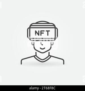 Icona della linea di concetto del vettore NFT VR. Token non fungibile e accesso alla realtà virtuale in stile contorno Illustrazione Vettoriale