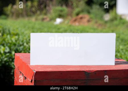 Barattoli di miele sotto il sole di fronte ai verdi in fattoria con alveare Foto Stock