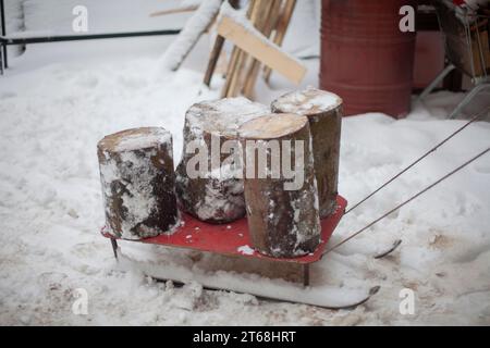 Tronca su una slitta. Registri per la divisione con un'ascia. Trasporto di carburante secco. Vita in campagna in inverno. Foto Stock