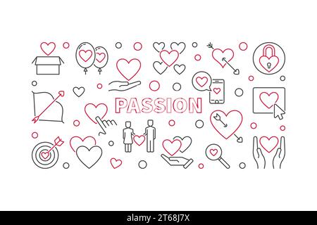 Illustrazione orizzontale del vettore di passione realizzata con icone a forma di cuore. Banner minimal Love Concept Illustrazione Vettoriale