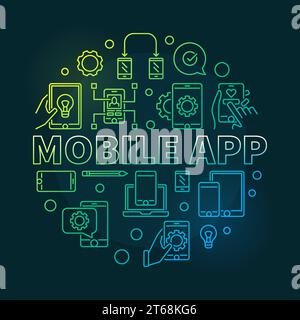 Illustrazione moderna vettoriale dell'app mobile, costituita da icone per smartphone e computer su sfondo scuro Illustrazione Vettoriale