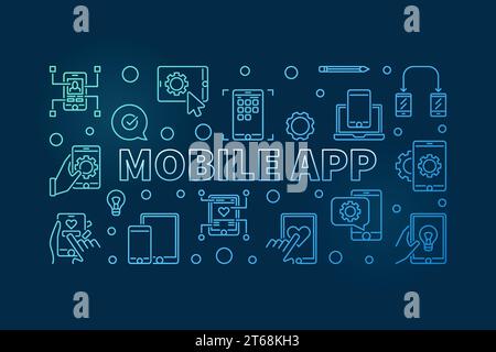 Illustrazione orizzontale del concetto Vector Blue dell'app mobile composta da icone a linee sottili su smartphone e computer su sfondo scuro Illustrazione Vettoriale