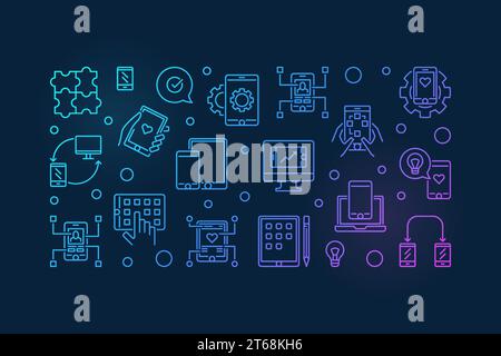 Applicazioni mobili illustrazione di contorni orizzontali a colori vettoriali o banner su sfondo scuro Illustrazione Vettoriale