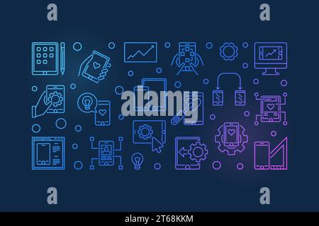 Banner orizzontale o illustrazione con contorno colorato del vettore di sviluppo di app mobili su sfondo scuro Illustrazione Vettoriale