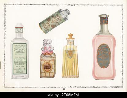 Cosmetici a marchio CPC dal 1926. Bottiglia di estratto di Hazel di Witch, lattina di depilatorio, bottiglia di sali di lavanda, bottiglia di lozione di Benzoin e bottiglia di polvere liquida per il viso. Chromolithograph di un artista sconosciuto del catalogo dei prodotti della California Perfume Company (successivamente Avon), New York, Kansas, Montreal, 1926. Foto Stock