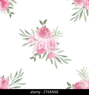 Rose di peonia rosa polverose con foglie verdi senza cuciture. Piastrelle botaniche per lettiere, carta da imballaggio, tessuti, tessuti, scrapbooking, cancelleria Foto Stock