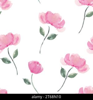 Rose di peonia rosa polverose con foglie verdi senza cuciture. Piastrelle botaniche per lettiere, carta da imballaggio, tessuti, tessuti, scrapbooking, cancelleria Foto Stock