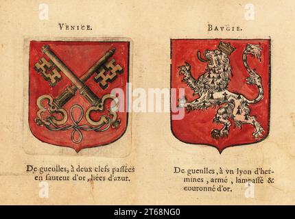 Stemma del conte di Venezia, Italia, con due chiavi d'oro su campo rosso, e del conte di Bauge, con leone erminoso su campo rosso. Comtez: Venezia, Bavgie. Incisione in legno a mano da Hierosme de Baras le Blason des Armoiries, Chez Rolet Bouton, Parigi, 1628. Foto Stock