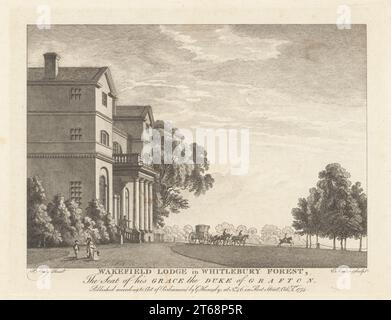 Wakefield Lodge nella Foresta di Whitlebury. Un carro parte di fronte al portico. Costruito per Charles Fitzroy, Duca del 2nd, progettato dall'architetto palladiano William Kent con giardini paesaggistici di Lancelot Capability Brown nel 1748. Sede di George Henry Fitzroy, 4th Duca di Grafton, collega britannico e politico di Whig. Incisione su copperplate di Edward Rooker dopo un'illustrazione di Paul Sandby dal Copper Plate Magazine o Monthly Treasure, G. Kearsley, Londra, 1 ottobre 1774. Foto Stock