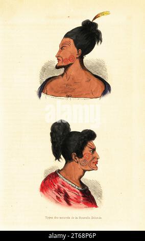 Busti di uomini Maori con tatuaggi facciali o Ta moko dalla Nuova Zelanda. Uomo di Tolaga Bay con piume nei capelli (top) e uomo di Capo Terawhiti (sotto). Types des naturels de la Nouvelle Zelande. Legno colorato a mano di Mercier da Auguste Wahlen's Moeurs, Usages et Costumes de tous les Peuples du Monde, (maniere, costumi e costumi di tutto il popolo del mondo) Librairie Historique-Artistique, Bruxelles, 1845. Foto Stock