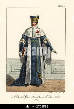 Abito cerimoniale di Gran Maestro dell'Università di Francia, primo Impero Francia, 1810. Cappello blu e oro, mantello rivestito di ermellino, accappatoi ricamati blu. Costume du grande Maitre de l'Universite de France. Litografia colorata a mano di Lorenzo Bianchi e Domenico Cuciniello dopo Hippolyte Lecomte da Costumi civili e militari della monarchia francese dal 1200 al 1820, Napoli, 1825. Edizione italiana dei Lecomti costumi civili e militari della monarchia francese dal 1200 al 1820. Foto Stock