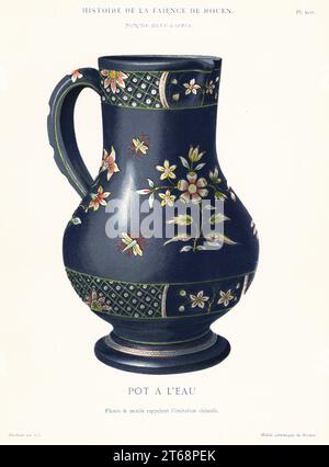 Caraffa d'acqua in stile cinese imitazione, verde lapis, Rouen. Pot a l'eau, fleurs et motifs rappelant l'imitazione chinoise. Fonds Bleu-Lapis. Chromolithograph dopo un'illustrazione di Emilie Pottier dall'Histoire de la Faience de Rouen di Andre Pottier, Auguste le Brument, Rouen, 1870. Foto Stock