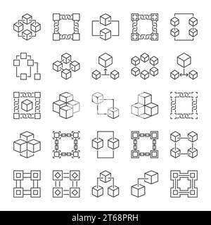 Set di icone di contorno della tecnologia Vector Blockchain. Simboli lineari del concetto di catena a blocchi su sfondo bianco Illustrazione Vettoriale