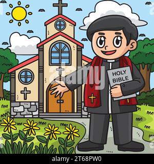 Sacerdote cristiano di fronte a una chiesa colorata Illustrazione Vettoriale