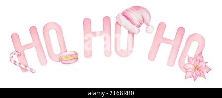 Acquerello dipinto a mano raffigurante la frase ho ho ho ho di Babbo Natale in rosa. Buon Natale e felice anno nuovo simbolo di festività per biglietti di auguri, feste Foto Stock