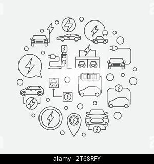 Illustrazione del profilo arrotondato dell'auto completamente elettrica. Simbolo del concetto di veicolo elettrico ed EV vettoriale in linea sottile Illustrazione Vettoriale