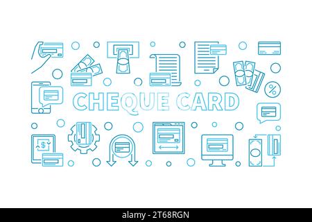 Illustrazione orizzontale blu o banner vettore cheque Card con linee sottili su sfondo bianco Illustrazione Vettoriale