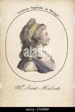 Anne-Antoinette-Cécile Clavel, o Madame Saint-Huberty o Saint-Huberti, celebrato soprano lirico francese 1756-1812. Più tardi la Comtesse d'Antraigues, assassinata a Londra con suo marito nel 1812. Mlle Saint-Huberti. Academie Imperiale de Musique. Incisione a pioli a mano dopo Jacques Grasset Saint-Sauveur di Acteurs et Actrices Celebres, famosi attori e Attrici, Chez Latour libraire, Parigi, 1808. Foto Stock