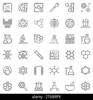 Icone di descrizione del concetto vettoriale per scienza e chimica. Simboli di laboratorio chimica in linea sottile Illustrazione Vettoriale
