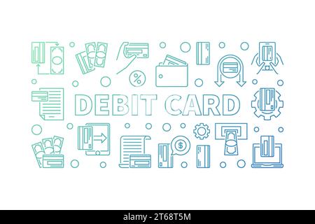 Illustrazione orizzontale colorata del concetto di scheda di debito. Banner vettoriale su sfondo bianco Illustrazione Vettoriale