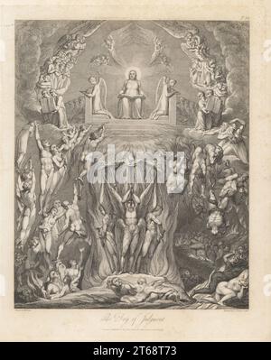 Il giorno del giudizio (tavola XII). Dio circondato da una folla di angeli e re legge da un libro di giudizio. Spiriti dei morti, vecchi e giovani, maschi e femmine, volano su e giù verso il cielo e l'Inferno. Angeli con trombe e spade marshall le anime. Incisione a lastra di rame di Louis Schiavonetti su disegno originale di William Blake da Robert Blairs la tomba, T. Bensley per Rudolph Ackermann, 1813. Foto Stock