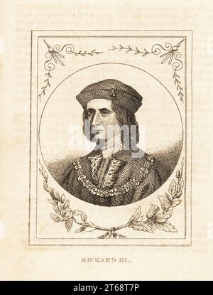 Ritratto di re Riccardo III d'Inghilterra, 1452-1485 incisione in rame da M. A. Jones storia d'Inghilterra da Giulio Cesare a Giorgio IV, G. Virtue, 26 Ivy Lane, Londra, 1836. Foto Stock