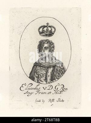 Ritratto ovale di Edoardo V d'Inghilterra, 1470-1483. Uno dei principi della Torre presumibilmente assassinato da Riccardo III In veste armerica con in mano una rosa, una corona che galleggia sopra la sua testa. Edwardus V DG Rex Ang. Fran et Hib. Dal set di Kings di William Faithorne, venduto da Robert Peake. Incisione su lastra di rame dalla Samuel Woodburns Gallery di ritratti rari costituiti da piastre originali, George Jones, 102 St Martins Lane, Londra, 1816. Foto Stock