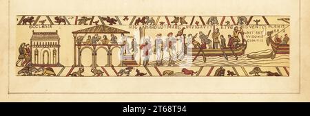 Harold Godwinson alla chiesa di Bosham, una festa sassone, e Harold con falco e segugio a bordo di una nave per un viaggio al conte Guido i di Ponthieu. Cromolitografia di William Mossman, dopo un'illustrazione di Charles Stothard fatta per la Society of Antiquaries in Rev. John Collingwood Bruces l'arazzo di Bayeux elucidato, John Russell Smith, Londra, 1856. Foto Stock
