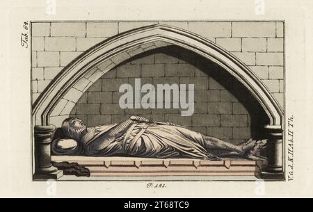 Effigie di un cavaliere normanno in armatura dalla chiesa di Danbury, 13 ° secolo. Monumento in legno intagliato di un uomo in tuta di armatura a catena di coif, huberk e tubo flessibile, con cappotto senza maniche. La sua mano destra raggiunge per la sua spada. Forse un San Clere o Sinclair famiglia Cavaliere Templari. Incisione a mano su copperplate dal quadro storico di Robert von Spalart dei costumi del principale popolo dell'antichità e del Medioevo, Vienna, 1802. Foto Stock