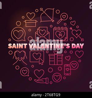 Illustrazione lineare vettoriale di San Valentino rotonda colorata su sfondo scuro Illustrazione Vettoriale
