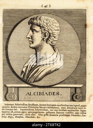 Alcibiade, figlio di Cleinias, 450404 a.C. circa, importante statista ateniese, oratore e generale. Incisione su lastra di rame di Pieter Bodart (1676-1712) da Henricus Spoors Deorum et Heroum, Virorum et Mulierum Illustrium Imagines Antiquae Illustatae, Gods and Heroes, Men and Women, Illustrated with Antique Images, Petrum, Amsterdam, 1715. Pubblicato per la prima volta come Favissæ utriusque antiquitatis tam Romanæ quam Græcæ nel 1707. Henricus Spoor era un medico olandese, studioso classico, poeta e scrittore, fl. 1694-1716. Foto Stock