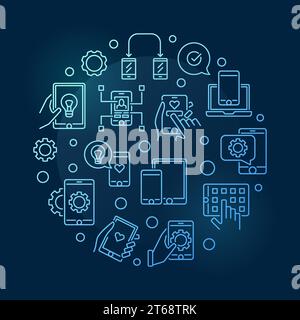 Illustrazione del contorno blu rotondo del vettore di sviluppo di app mobili e app su sfondo scuro Illustrazione Vettoriale