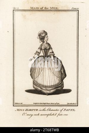 Miss Harpur nel personaggio di Patty nell'opera comica Maid of the Mill di Isaac Bickerstaff. Elizabeth Bannister o Miss Harper (17571849) è stata un'attrice e cantante britannica. Incisione Copperplate di J. Thornthwaite su un'illustrazione di James Roberts del Bells British Theatre, composta dalle più stimate opere teatrali inglesi, John Bell, Londra, 1781. Foto Stock