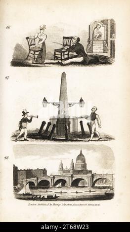 Chair-mender, News Boy, Flying Pieman e Blackfriars Bridge. Sedia-mender che ripara un sedile con sedie a rotelle in Punyer Alley 46, un ragazzo di giornali che vende carte e pieman che vende torte vicino all'Obelisk in Fleet Street 47, e acqueri sotto Blackfriars Bridge costruito nel 1760 dall'architetto Robert Mylne 48. Incisione su legno dopo un'illustrazione di Isaac Taylor da City Scenes, or a Peep into London, di Ann Taylor e Jane Taylor, pubblicata da Harvey and Darton, Gracechurch Street, Londra, 1828. Le sorelle inglesi Ann e Jane Taylor furono prolifici poeti romantici e scrittori di libri per bambini in e Foto Stock