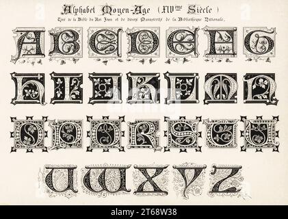 Alfabeto di lettere iniziali decorative prese da manoscritti del XIV secolo, tra cui la Bibbia di Jean de Sys per il re Jean II, Jean le Bon, di Francia. Alfabeto Moyen-Age (XIVeme Siecle) Tire de la Bible du ROI Jean et de Divers Manuscrits de la Bibliotheque Nationale. Cromolitografia progettata e litografata da Ernst Guillot dalla sua Ornementation des Manuscrits au Moyen-Age (ornamento dai manoscritti del Medioevo), Parigi, 1897. Foto Stock