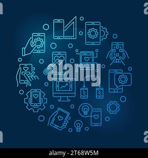 Vettore di sviluppo app mobile concetto rotondo blu illustrazione a linee sottili su sfondo scuro Illustrazione Vettoriale