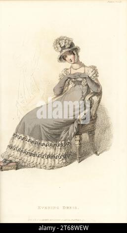 Regency lady in lutto abito da sera ad una festa, seduta su una sedia con poggiapiedi. Abito in cravatte nero su sarsnet slip, finitura in crepe bianca, demi-cornette sotto un cappello di colza nero. Progettato da Miss Pierpoint, 9 Henrietta Street, Covent Garden. Vol. 9, piatto 11, 1 febbraio 1820. Incisione in copperplate a mano di Thomas Uwins dal Rudolph Ackermann's Repository of Arts, Strand, Londra. Foto Stock