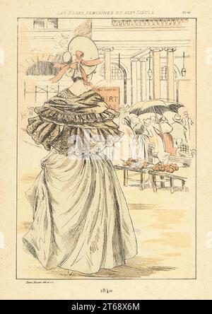 Signora alla moda al Theatre de l'Ambigu-Comique sul Blvd. Saint-Martin, Parigi, 1840. Indossa un cofano, una giacca a maniche piene e flounce, gonne piene. Incisione di Henri Boutet di Les Modes Feminines du XIXeme Siecle (Femminile del 19th secolo), Ernest Flammarion, Parigi, 1902. Boutet (1851-1919) è stato un . Foto Stock