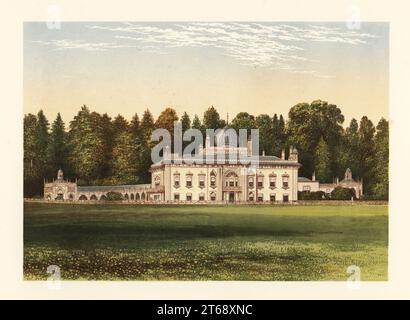 Sezincote House, Gloucestershire, Inghilterra. Casa in stile georgiano neo-moghul progettata dall'architetto Samuel Pepys Cockerell, progettata da Humphry Repton, costruita nel 1805. La casa con cupola ricoperta di rame era di proprietà di Sir Charles Cockerell, i baronetto, funzionario della compagnia delle Indie Orientali, banchiere e proprietario di schiavi a Mauritius (52 schiavi). Il figlio Architects possedeva anche 10 piantagioni in Giamaica (1.998 schiavi). Colorare la xilografia di Benjamin Fawcett nel processo Baxter di un'illustrazione di Alexander Francis Lydon del reverendo Francis Orpen Morriss pittoresche vedute dei sedili dei nobili e del gentiluomo Foto Stock