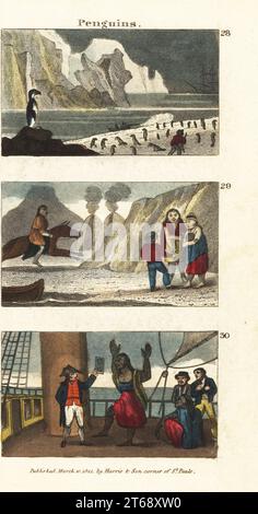 Pinguini in Sud America 28, giganti della Patagonia in pelli di animali 29, e Patagoni deliziati dalla vista di uno specchio sulla nave 30 del capitano Samuel Wallis. Incisione su copperplate a mano dal Rev. Isaac Taylors Scenes in America, for the Amusement and Instruction of Little Tarry-at-Home Travelers, John Harris, Londra, 1821. Foto Stock