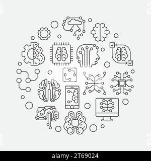 Illustrazione semplice del vettore rotondo del cervello digitale. L'apprendimento automatico e l'intelligenza artificiale delineano le icone a forma di cerchio Illustrazione Vettoriale