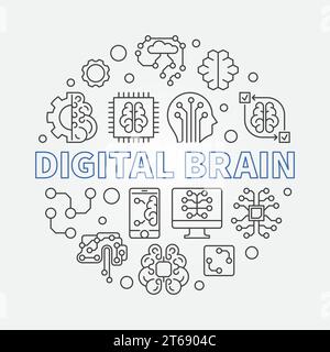Illustrazione vettoriale rotonda del concetto di cervello digitale. Le icone DELL'INTELLIGENZA ARTIFICIALE e dell'apprendimento automatico sono delineate a forma di cerchio Illustrazione Vettoriale