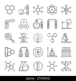 Set vettoriale di apparecchiature chimiche da laboratorio delinea icone o segni concettuali Illustrazione Vettoriale
