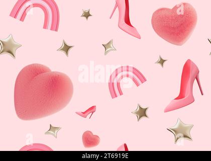 Motivo rosa senza cuciture con stelle, cuori, tacchi alti. Applicabile per stampa in tessuto, tessuto, carta da parati, carta da regalo. Trama ripetibile Foto Stock