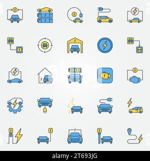 Set di icone creative per auto elettriche vettoriali. Simboli colorati o elementi del logo del veicolo elettrico vettoriale e della stazione di ricarica EV Illustrazione Vettoriale