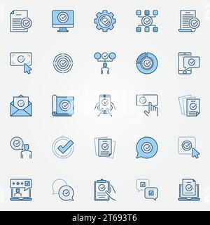 Approva set di icone blu. Approvato, verificato, accettato, elenco di controllo dei segni moderni o degli elementi del logo Illustrazione Vettoriale