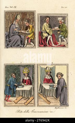 Riti di vocazione dell'imperatore del Sacro Romano Impero. Carlo IV ricevendo un messaggero 1, un mandato elettorale 2, l'elettore di Brandeburgo si lavava le mani in una ciotola d'argento 3 e quattro ciotole d'argento di cibo dal conte del Palatino 4. Rito della vocazione. Miniature dal codice della bolla d'oro di Vienna, un manoscritto miniato preparato per il re Venceslao IV di Boemia, 1365. Incisione su palo color mano di Migliavacca da Giulio Ferrarios Costumi antichi e moderni dei popoli del mondo, il Costume Antico e moderno, Firenze, 1844. Foto Stock