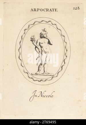 Figura di Arpocrates, antico dio greco del silenzio, dei segreti e della riservatezza. Con il dito alle labbra, tenendo una cornucopia o un corno di abbondanza. A nicolo. Arpocrate. In niccolo. Incisione copperplate di Giovanni Battista Galestruzzi dopo Leonardo Agostini di Gemmae et Sculpturae Antiquae Depitti ab Leonardo Augustino Senesi, Abraham Blooteling, Amsterdam, 1685. Foto Stock