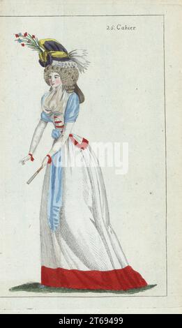 Donna con outfit casual, cofano in taffeta viola e giallo, capelli in piccoli boccoli, garza bianca fichu, scialle azzurro, caraco bianco e petticoat rifiniti con seta rossa. Incisione su copperplate a mano di Jean-Antoine le Brun o Lebrun-Tossas Journal de la Mode et du Gout, precedentemente Cabinet des Modes, Chez Buisson, Parigi, e Joseph le Boffe, Londra, 26me Cahier, 5 novembre 1790. Foto Stock